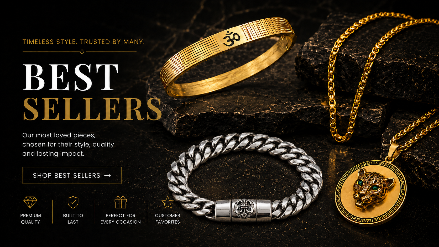 Gold and silver bracelets and necklace with lion emblem on a dark background, labeled 'Best Sellers'.