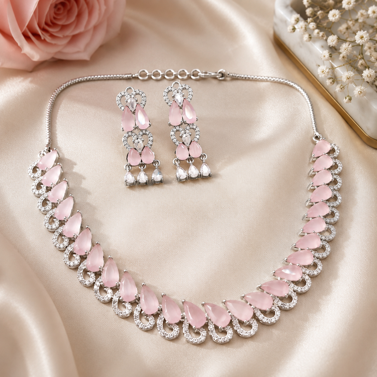 Silver Tone Pink Stone Necklace and Drop Earrings Set