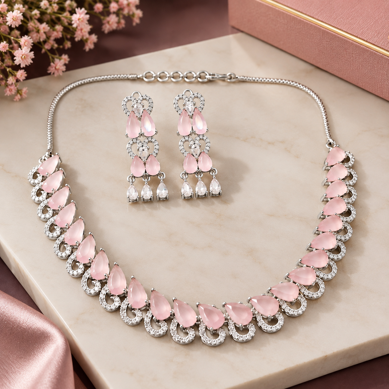 Silver Tone Pink Stone Necklace and Drop Earrings Set