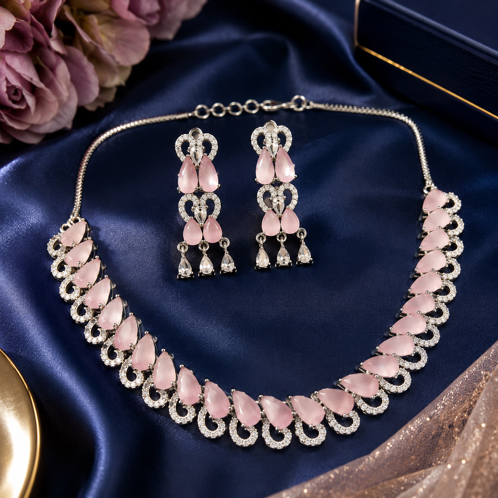 Silver Tone Pink Stone Necklace and Drop Earrings Set
