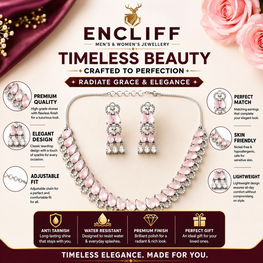 Silver Tone Pink Stone Necklace and Drop Earrings Set