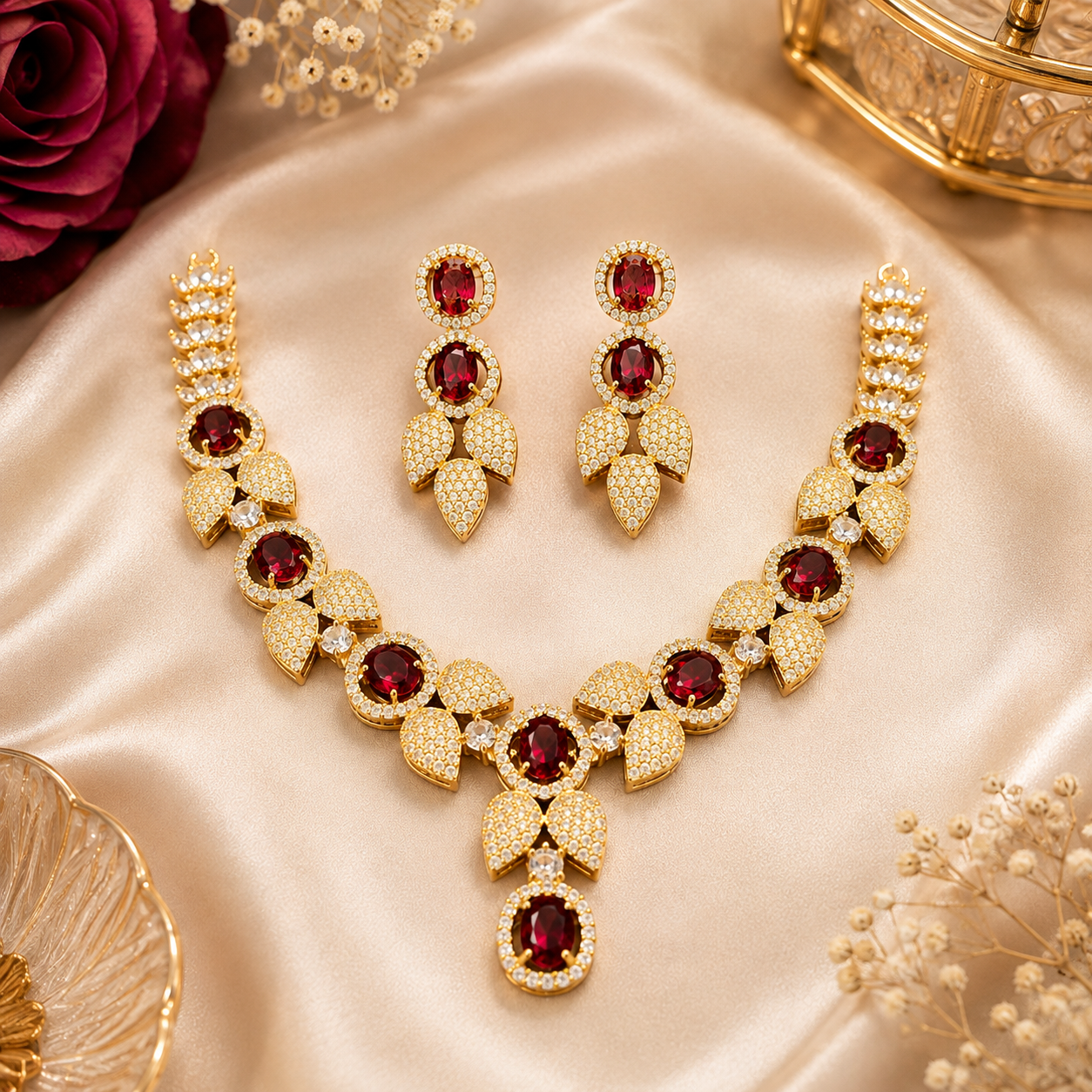 Gold Tone Ruby Red Stone Necklace and Earrings Set