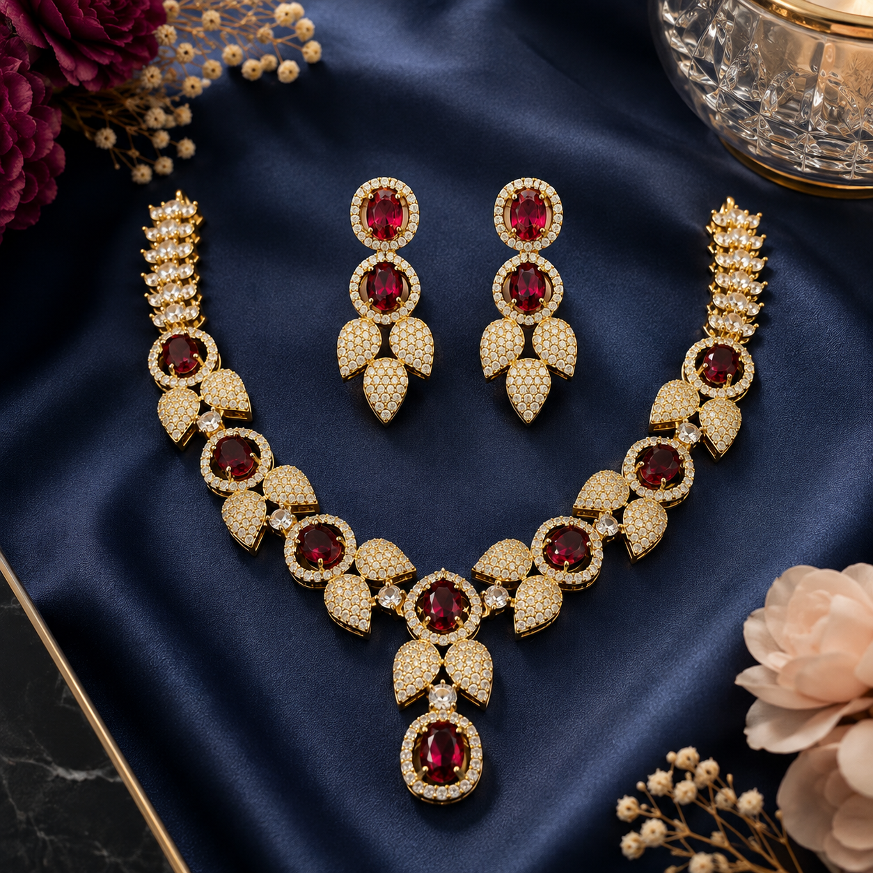 Gold Tone Ruby Red Stone Necklace and Earrings Set