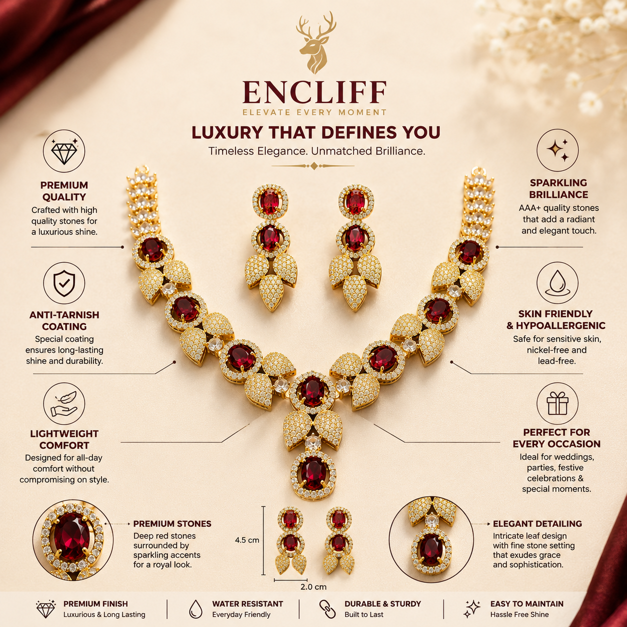 Gold Tone Ruby Red Stone Necklace and Earrings Set