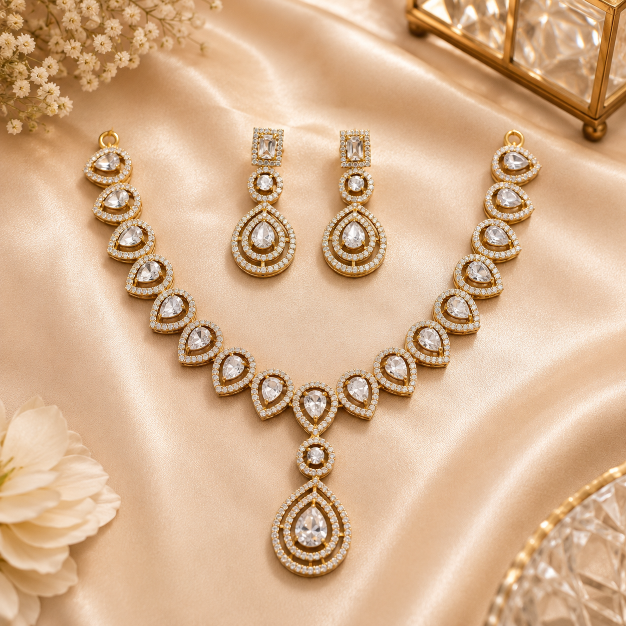 Gold Tone Crystal Teardrop Necklace and Earrings Set