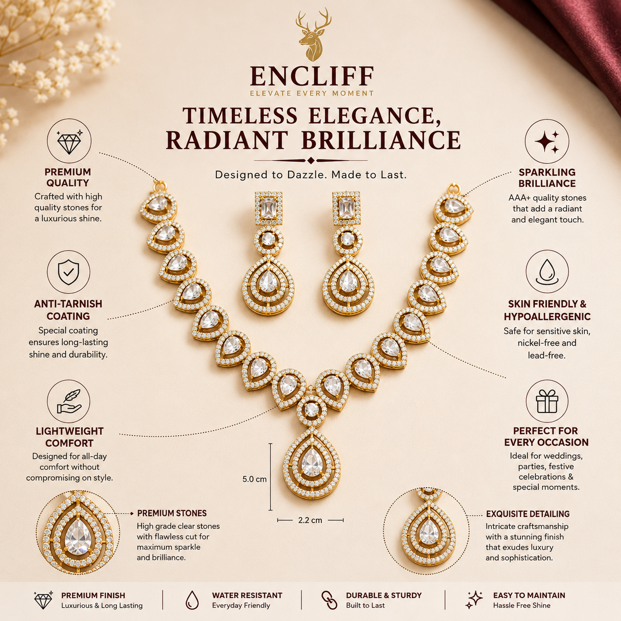 Gold Tone Crystal Teardrop Necklace and Earrings Set