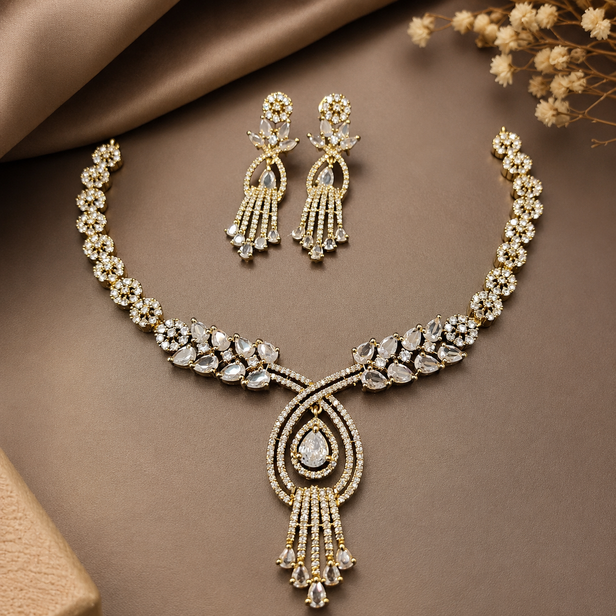 Gold Tone Crystal Teardrop Necklace and Earrings Set