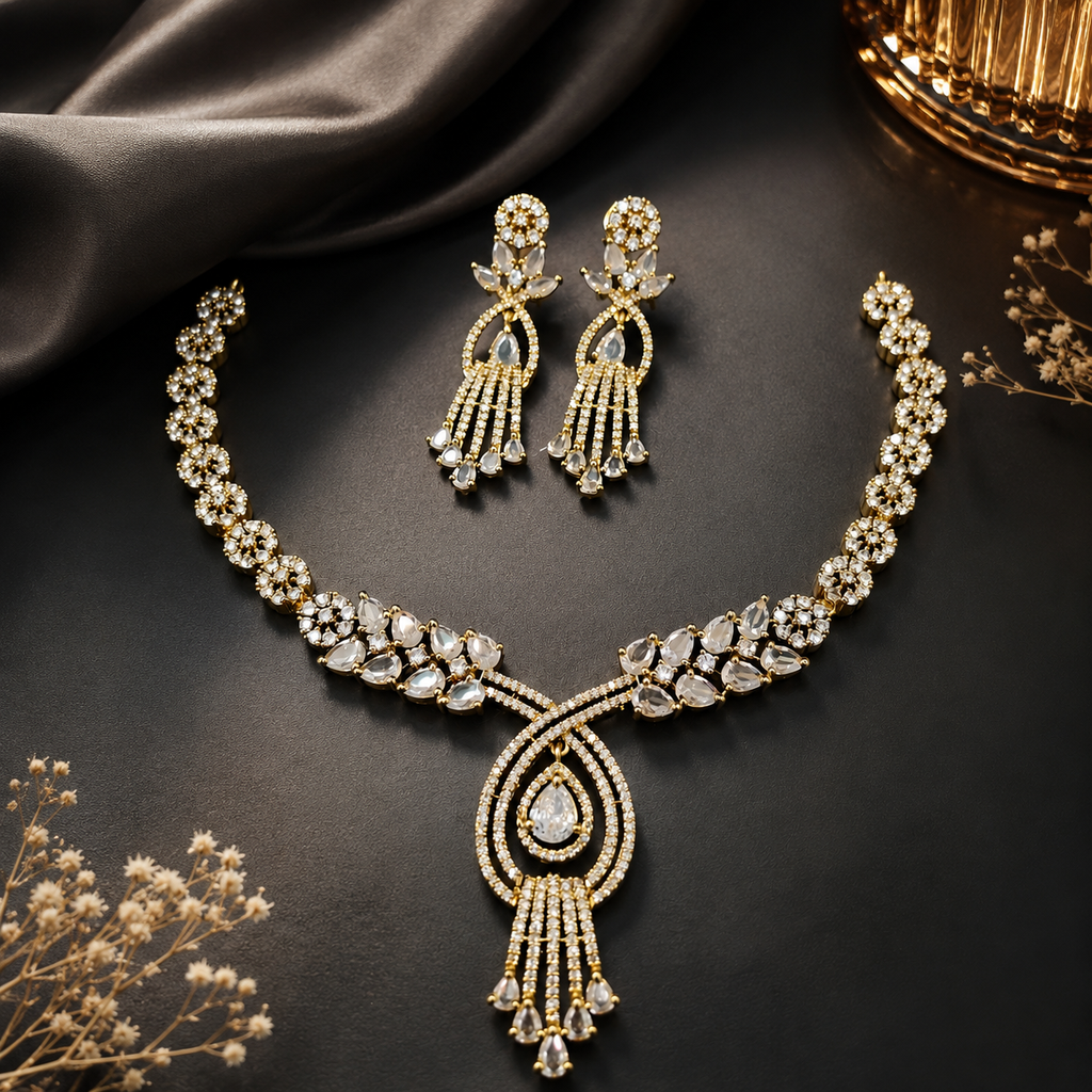 Gold Tone Crystal Teardrop Necklace and Earrings Set