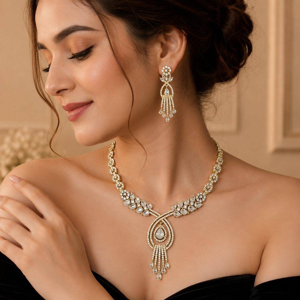Gold Tone Crystal Teardrop Necklace and Earrings Set