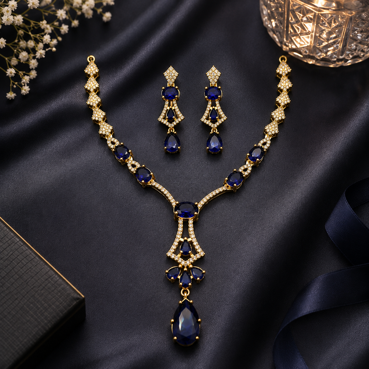 Royal Blue Stone Gold Tone Necklace and Earrings Set