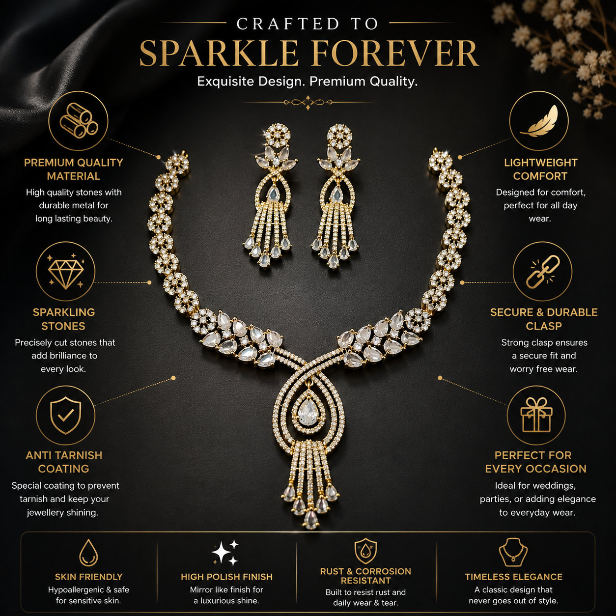 Gold Tone Crystal Teardrop Necklace and Earrings Set
