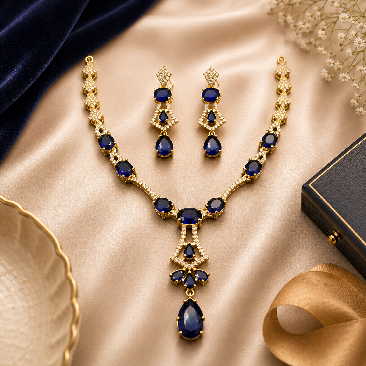 Royal Blue Stone Gold Tone Necklace and Earrings Set