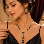 Royal Blue Stone Gold Tone Necklace and Earrings Set