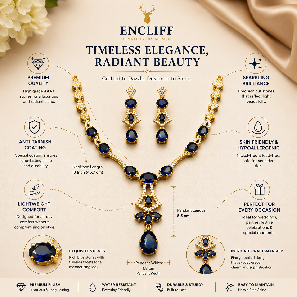 Royal Blue Stone Gold Tone Necklace and Earrings Set