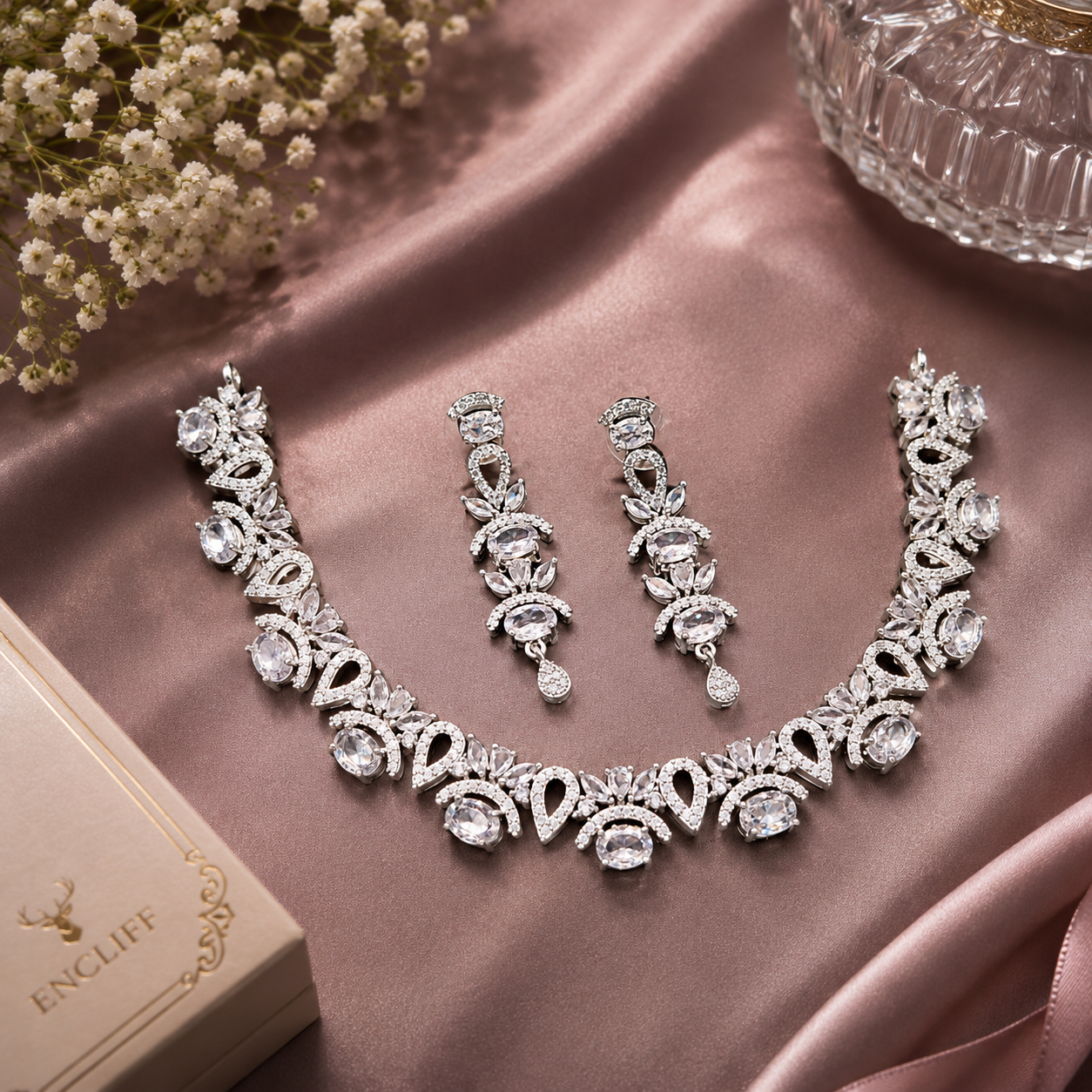 Silver Tone Floral Crystal Necklace and Drop Earrings Set