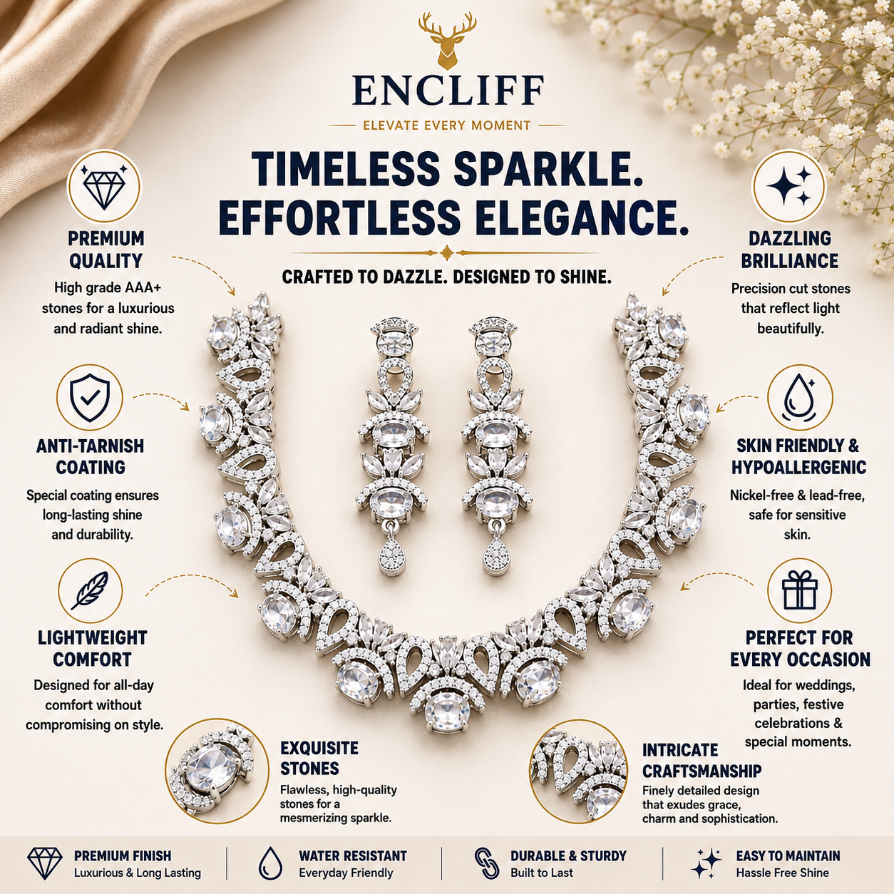 Silver Tone Floral Crystal Necklace and Drop Earrings Set