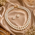 Classic Double Strand Pearl Necklace and Stud Earrings Set