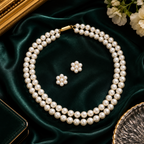 Classic Double Strand Pearl Necklace and Stud Earrings Set
