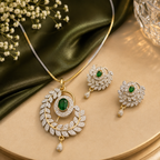 Green Stone Gold Tone Floral Pendant Necklace and Earrings Set
