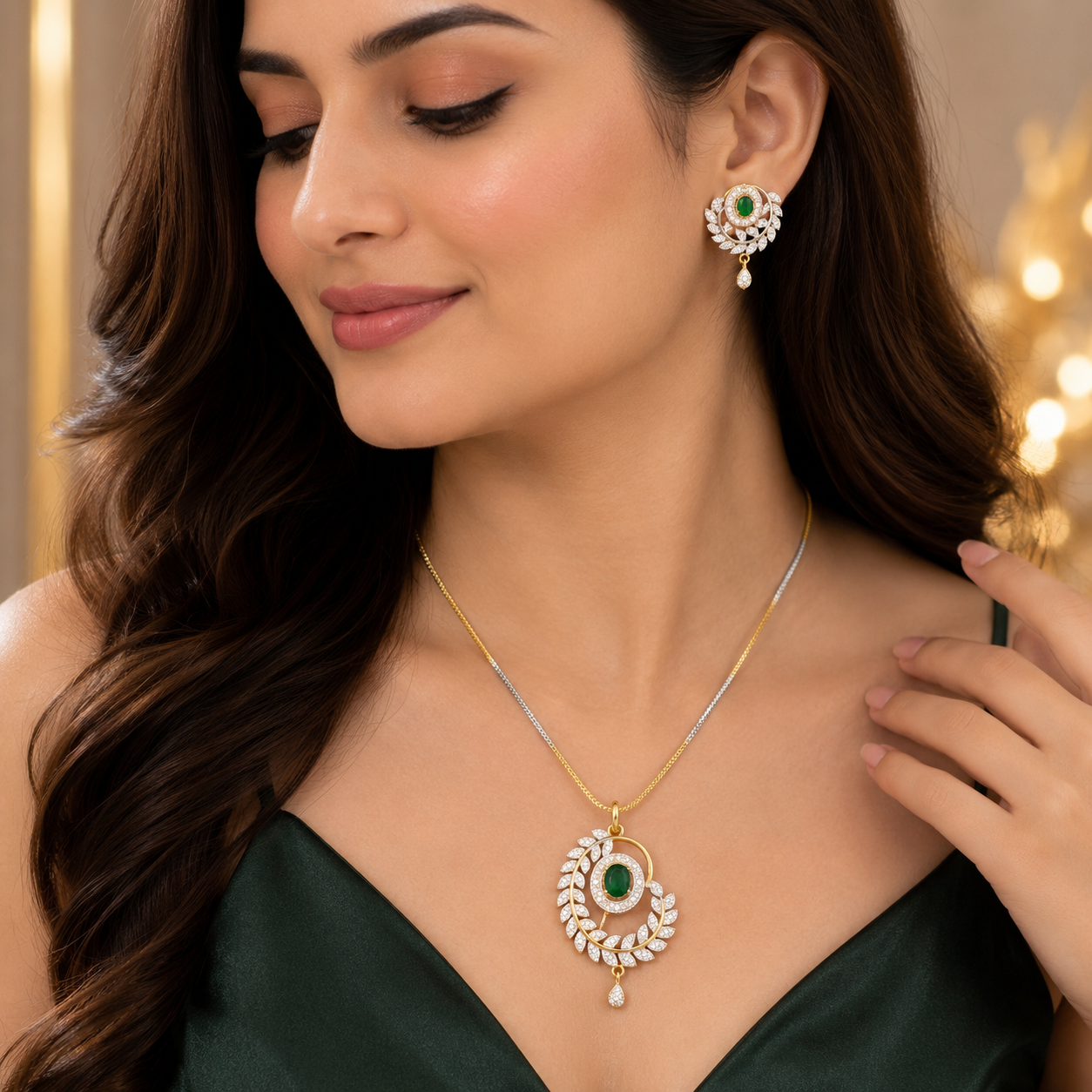 Green Stone Gold Tone Floral Pendant Necklace and Earrings Set