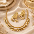 Gold Tone Leaf Motif Pearl Necklace and Earrings Set