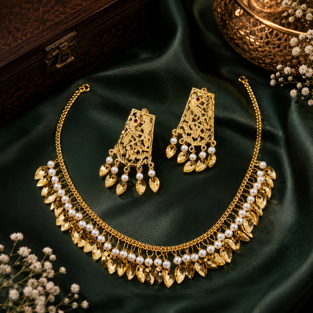 Gold Tone Leaf Motif Pearl Necklace and Earrings Set