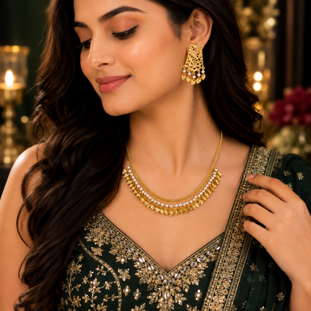 Gold Tone Leaf Motif Pearl Necklace and Earrings Set