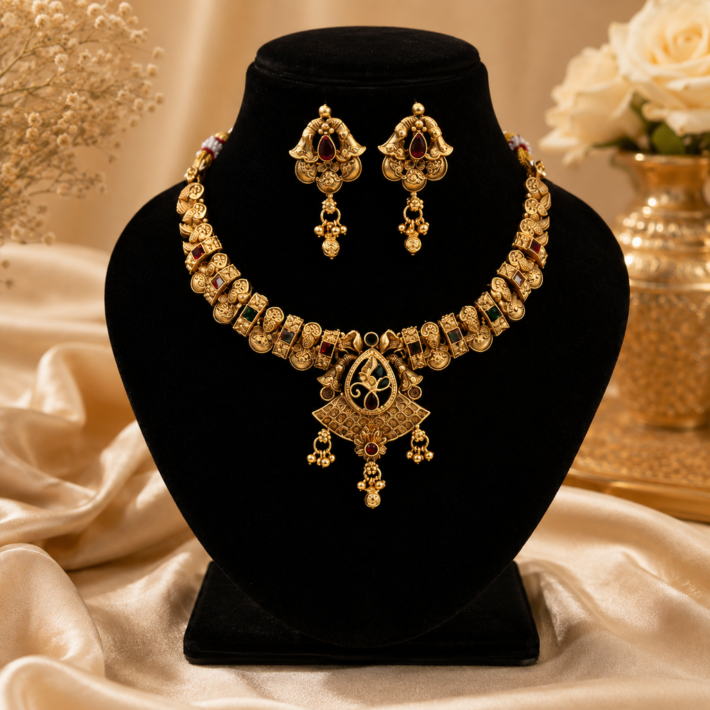 Traditional Gold Tone Kundan Style Necklace and Earrings Set