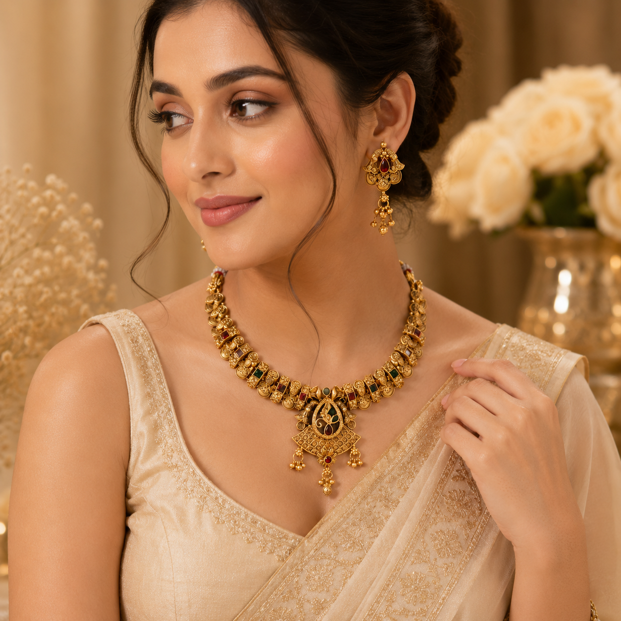 Traditional Gold Tone Kundan Style Necklace and Earrings Set