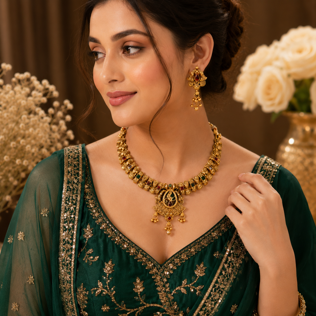 Traditional Gold Tone Kundan Style Necklace and Earrings Set