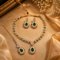 Multicolour Green Stone Ethnic Necklace and Earrings Set