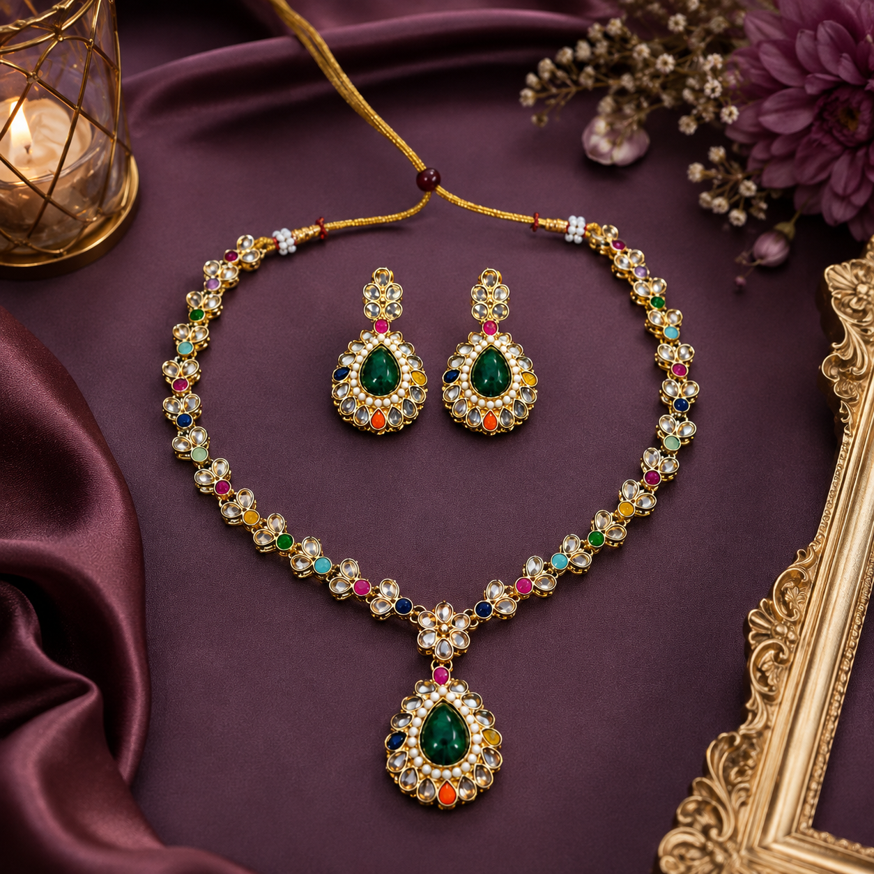 Multicolour Green Stone Ethnic Necklace and Earrings Set