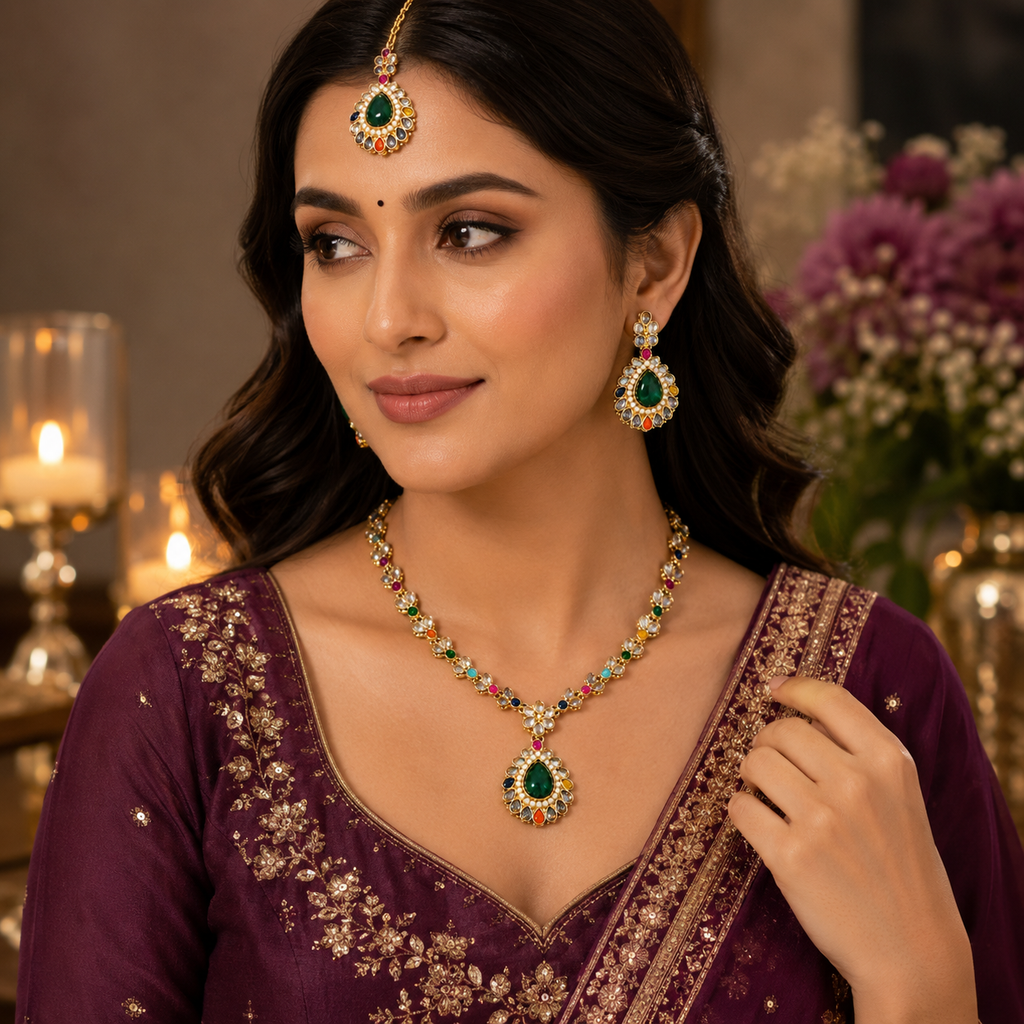 Multicolour Green Stone Ethnic Necklace and Earrings Set