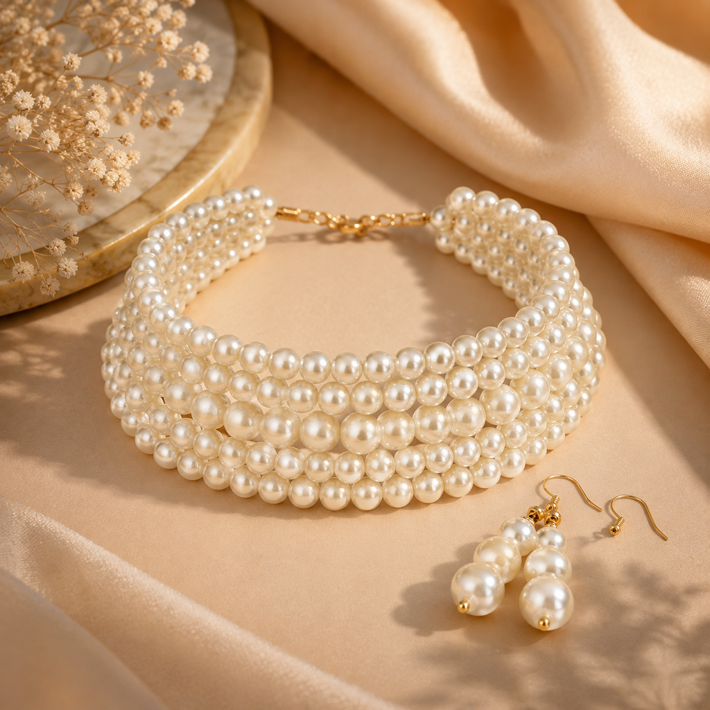 Multi Layer Pearl Choker Necklace and Pearl Earrings Set