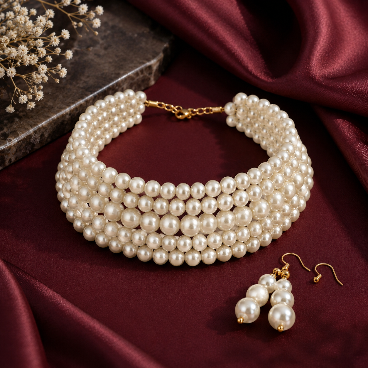 Multi Layer Pearl Choker Necklace and Pearl Earrings Set