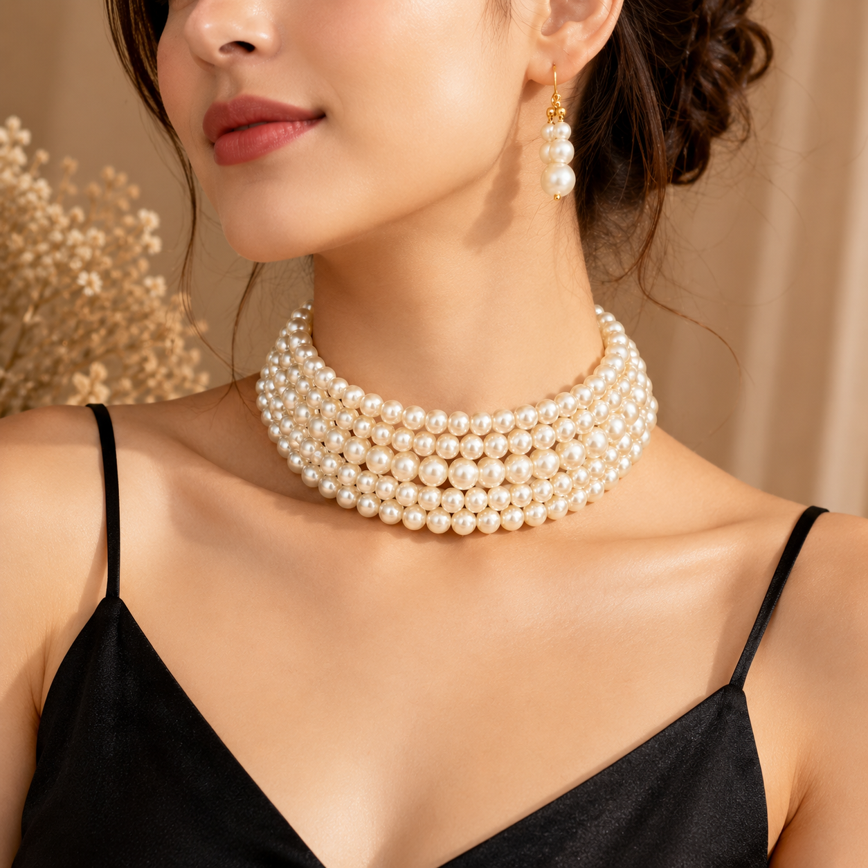 Multi Layer Pearl Choker Necklace and Pearl Earrings Set
