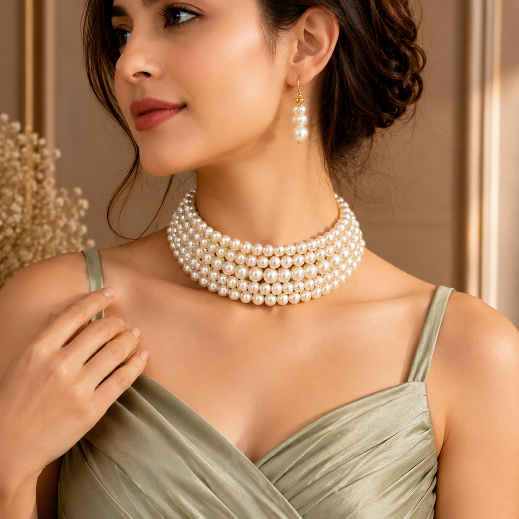 Multi Layer Pearl Choker Necklace and Pearl Earrings Set