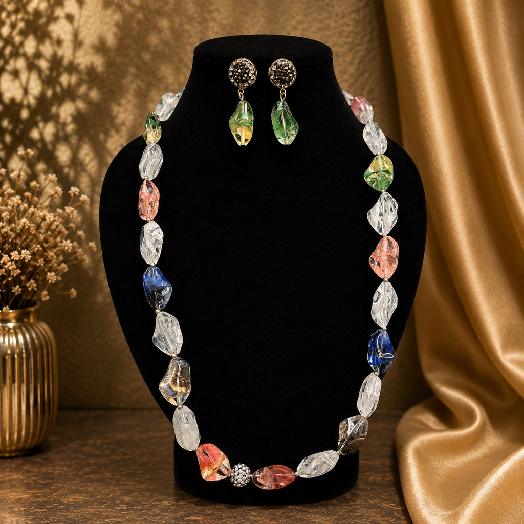 Multicolour Crystal Bead Necklace and Earrings Set