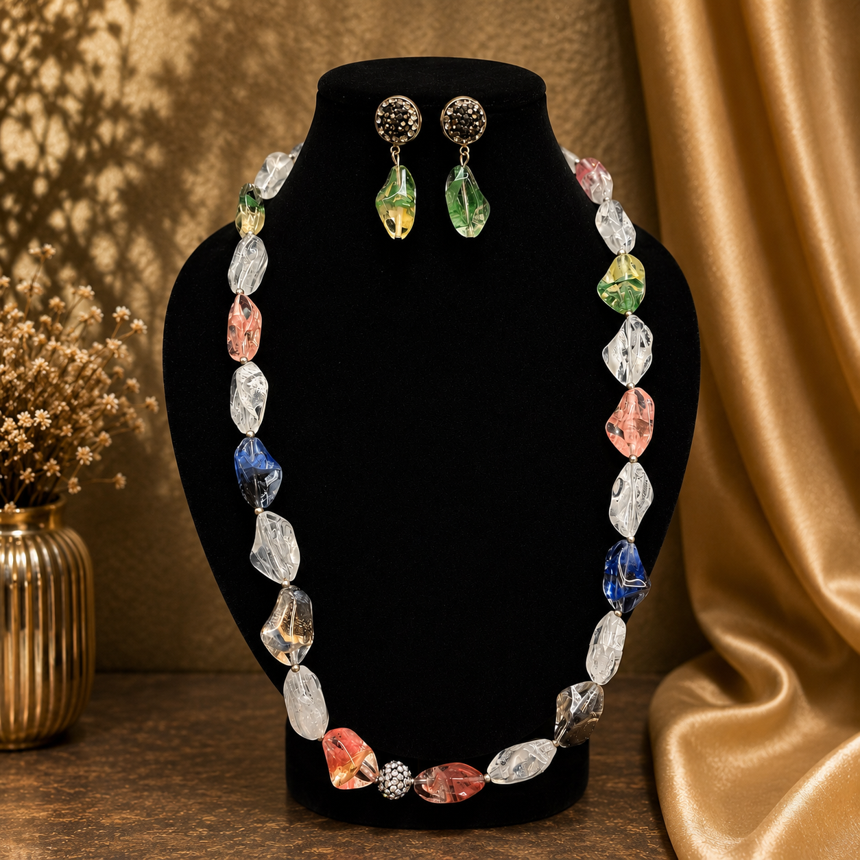 Multicolour Crystal Bead Necklace and Earrings Set