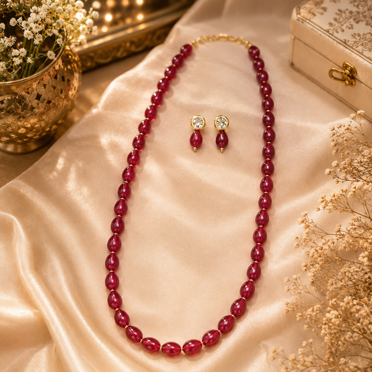 Ruby Red Bead Necklace and Earrings Set