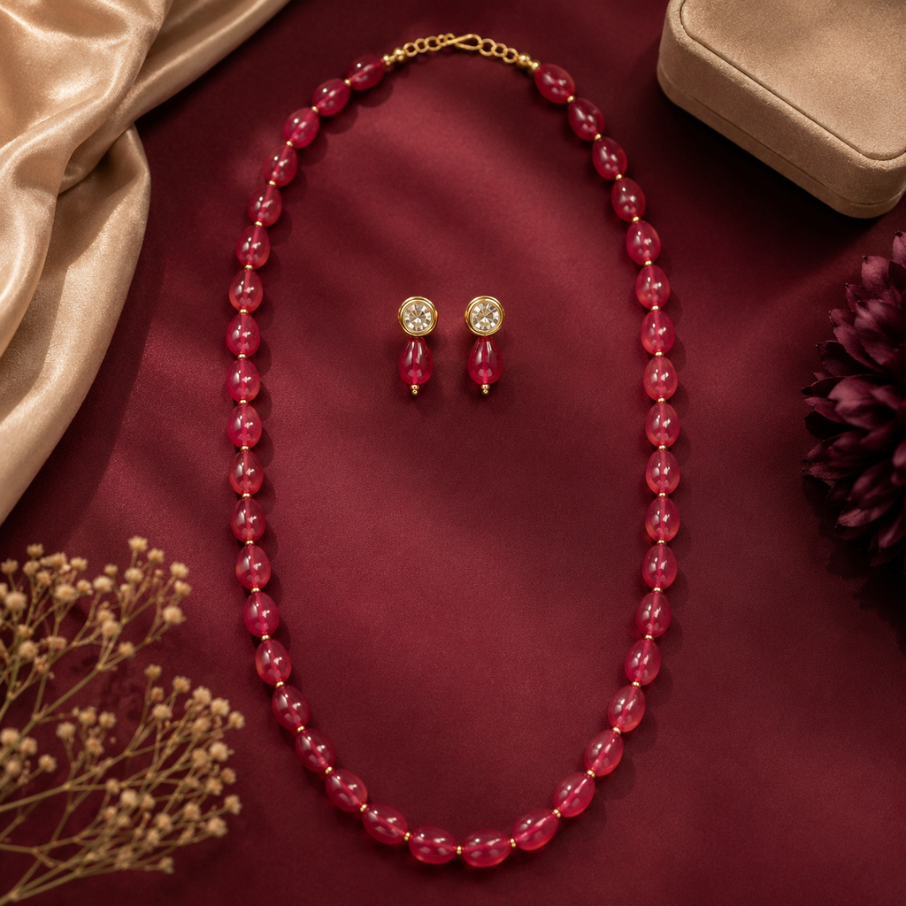 Ruby Red Bead Necklace and Earrings Set