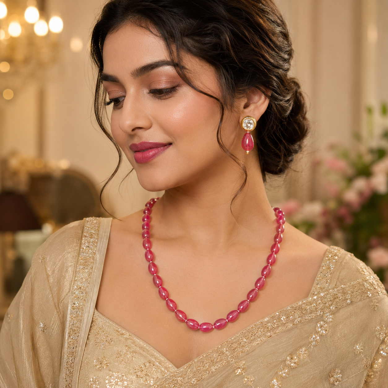 Ruby Red Bead Necklace and Earrings Set