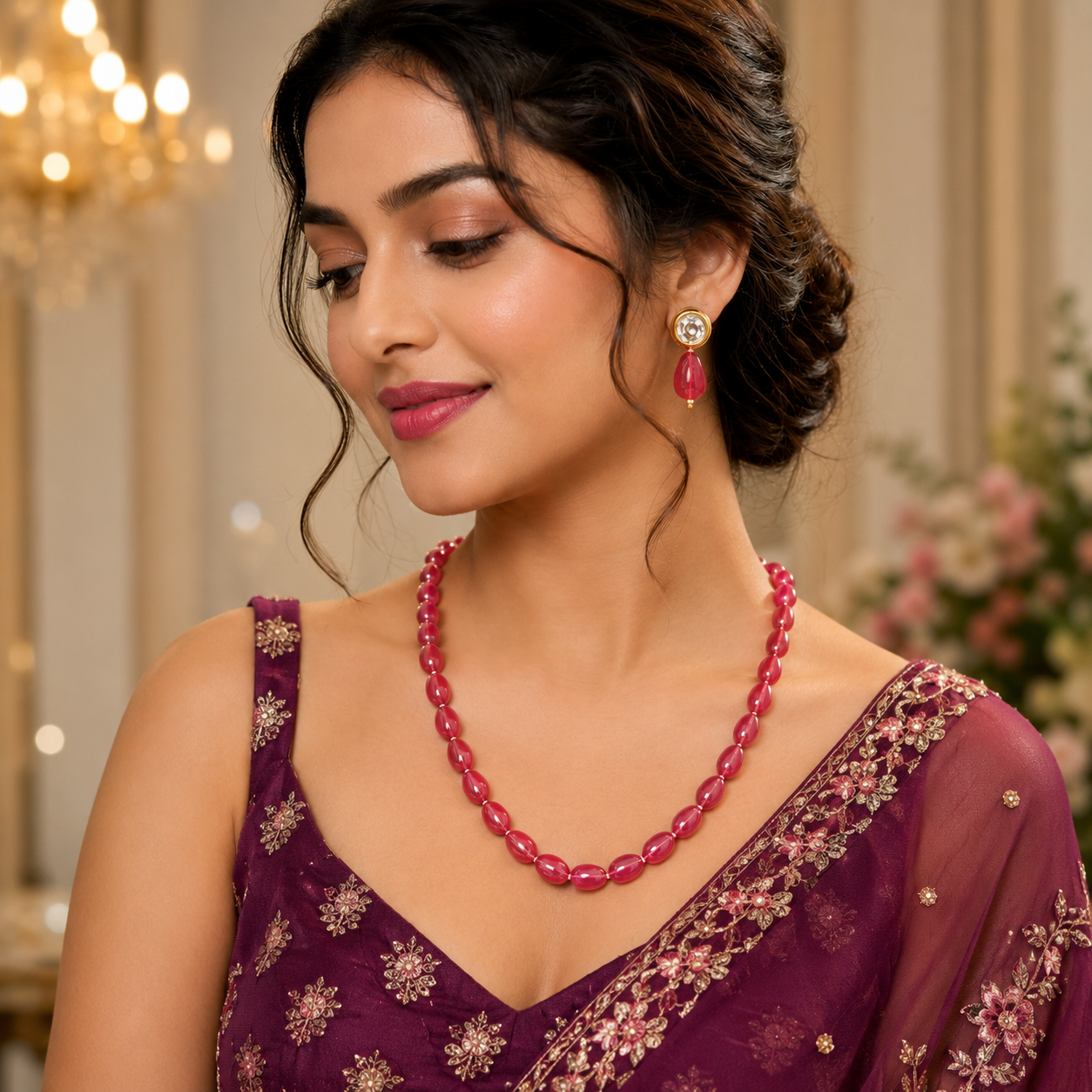 Ruby Red Bead Necklace and Earrings Set