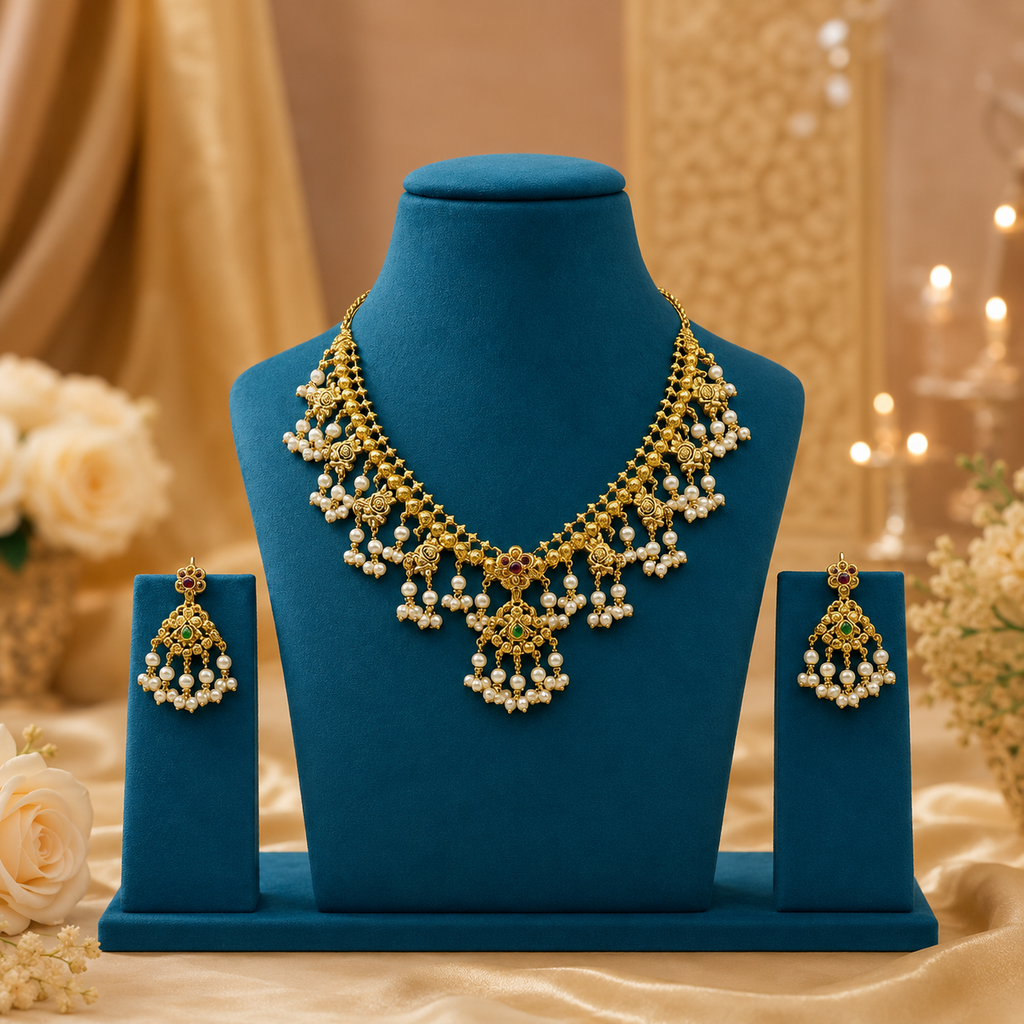 Gold Tone Pearl Drop Traditional Necklace and Earrings Set