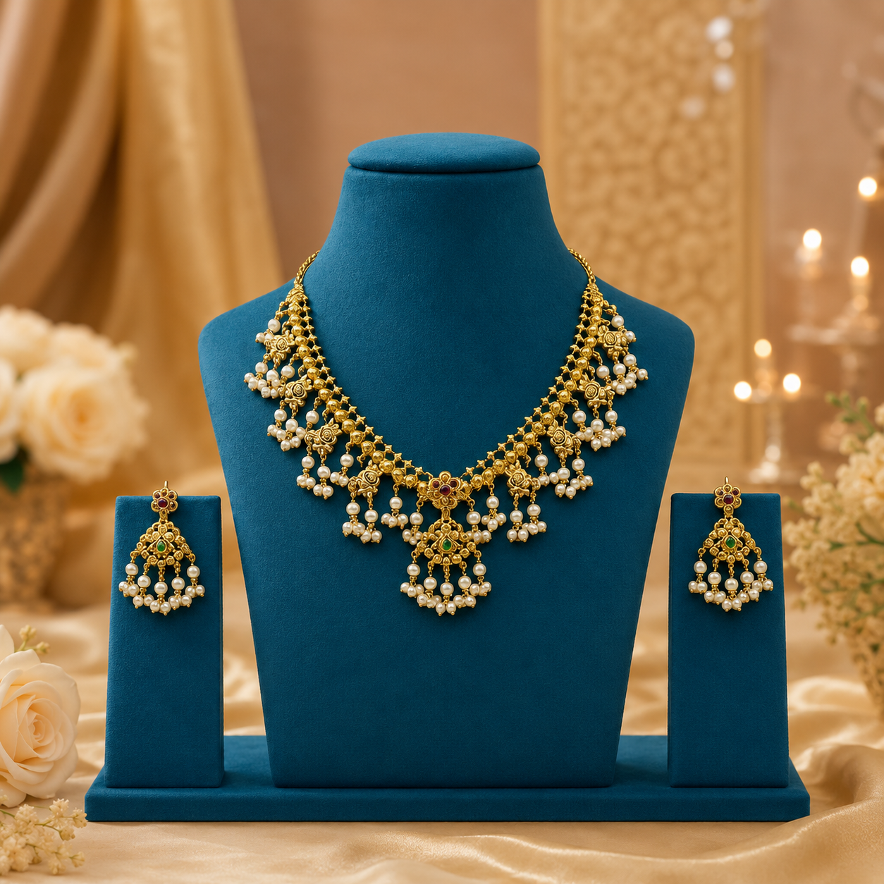 Gold Tone Pearl Drop Traditional Necklace and Earrings Set