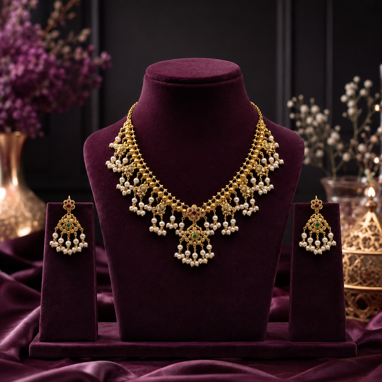 Gold Tone Pearl Drop Traditional Necklace and Earrings Set
