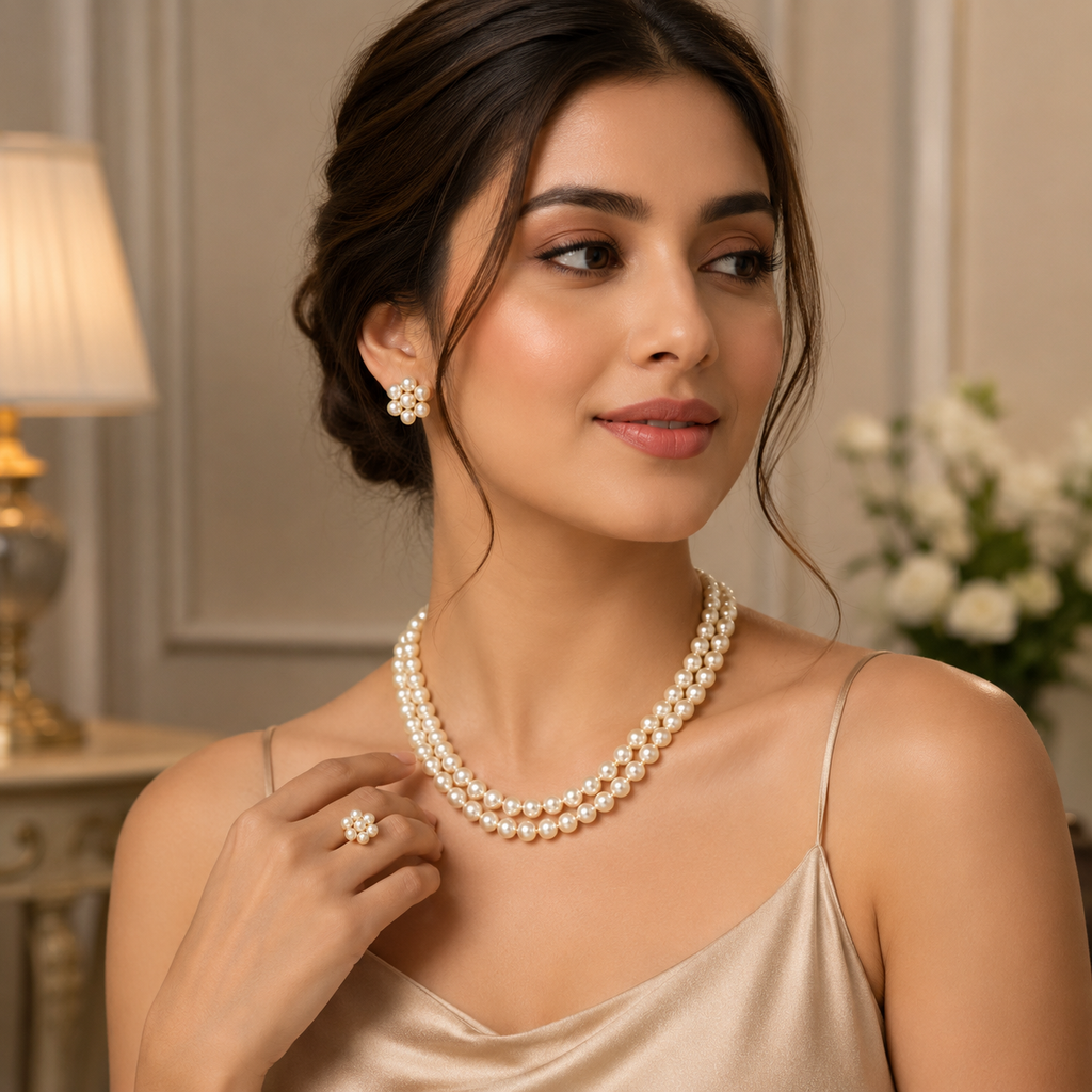 Classic Double Strand Pearl Necklace and Stud Earrings Set