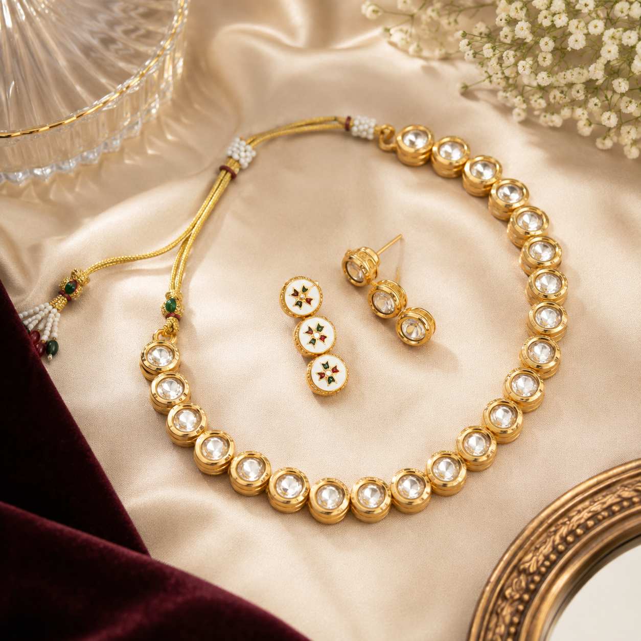 Gold Tone Crystal Necklace and Earrings Set with Round Stones