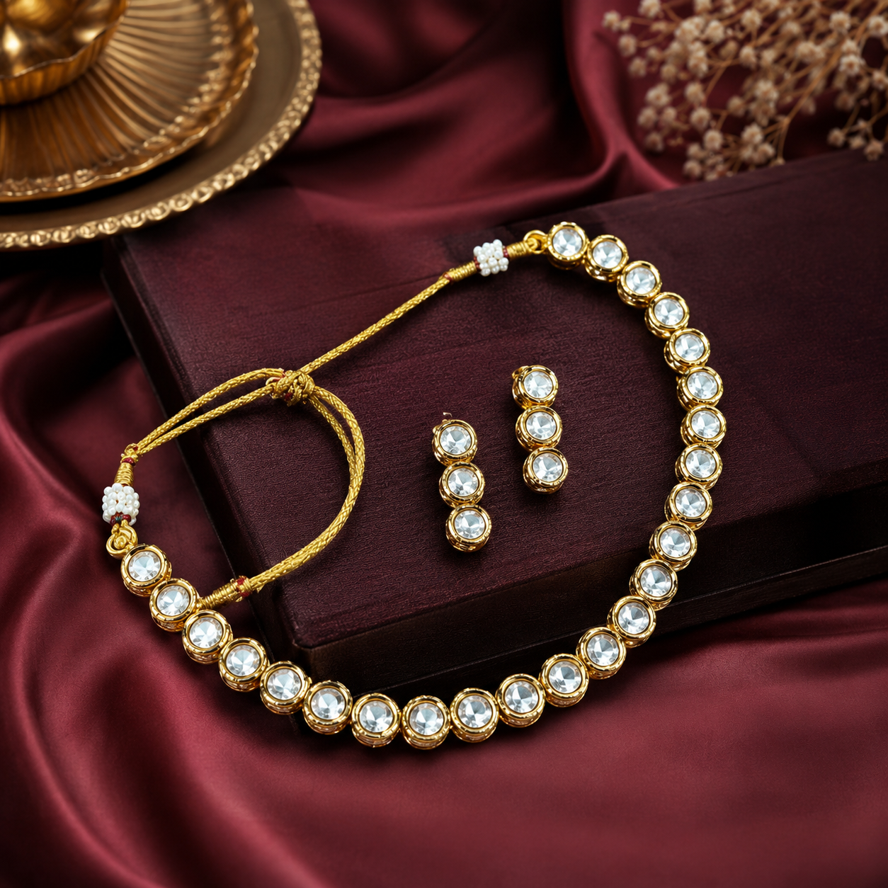 Gold Tone Crystal Necklace and Earrings Set with Round Stones