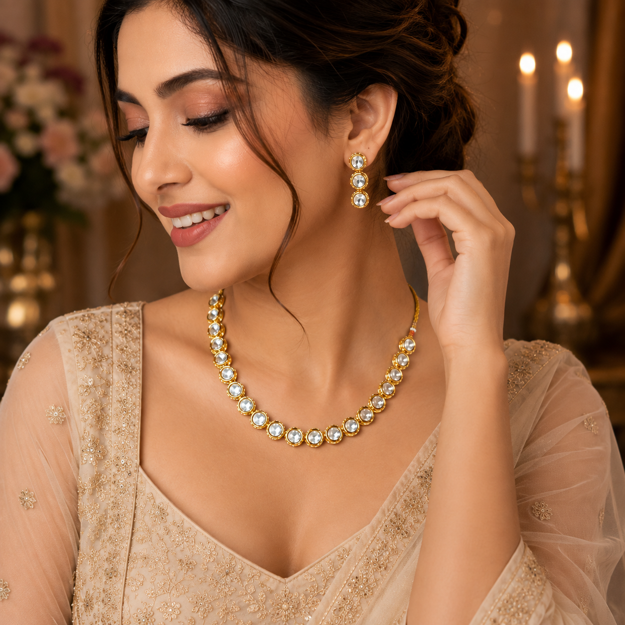 Gold Tone Crystal Necklace and Earrings Set with Round Stones